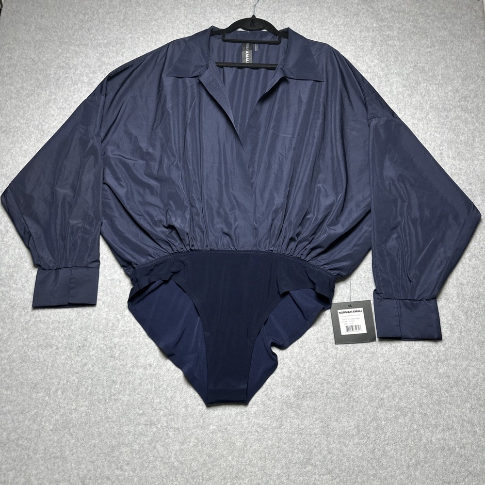 NWT $325 NORMA KAMALI Super Oversized Boyfriend Shirt Bodysuit True Navy XL/42